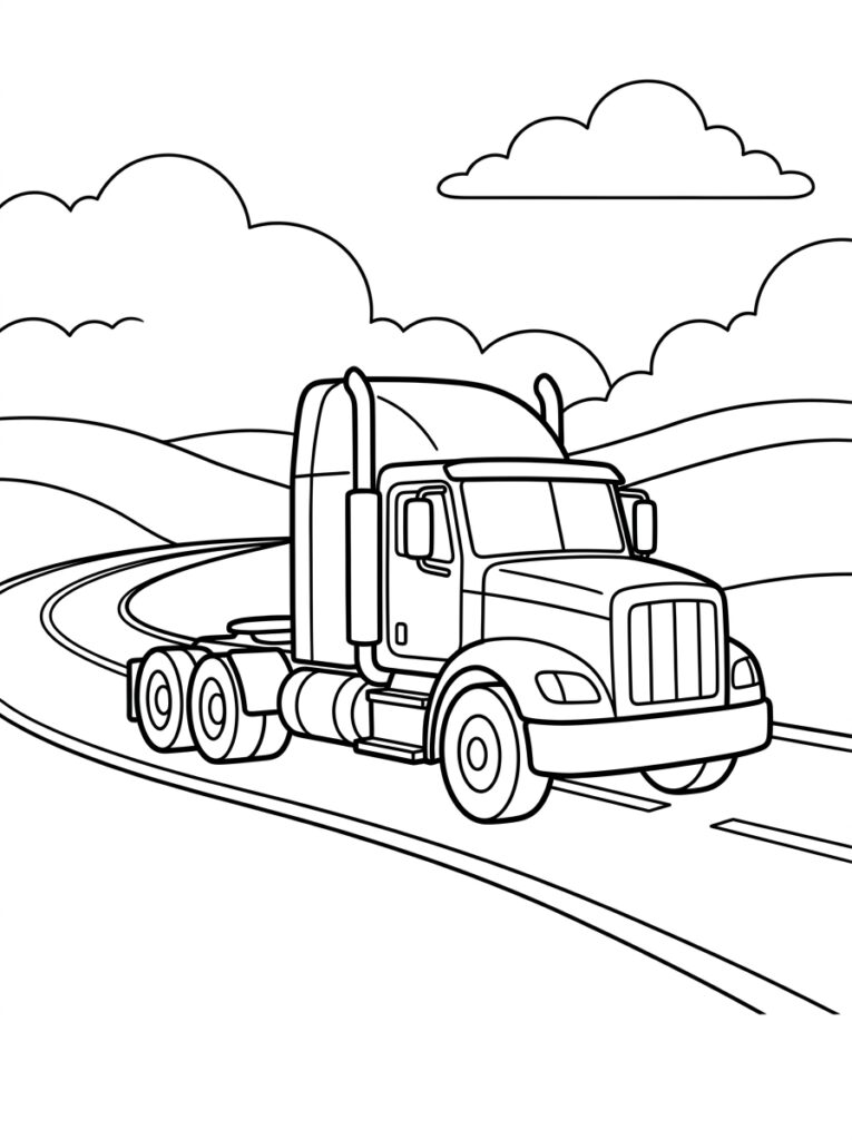 Kleurplaat van een trucktrekker rijdend op een weg met heuvels en wolken