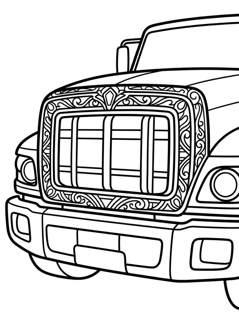 Kleurplaat van de voorkant van een vrachtwagen met ornamentele grille en bumpers