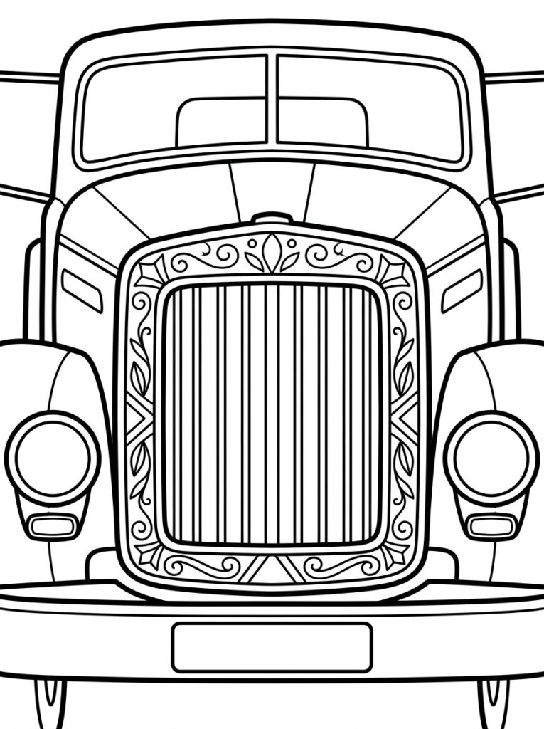 Kleurplaat van de voorkant van een vrachtwagen met blad- en bloemmotieven op de grille