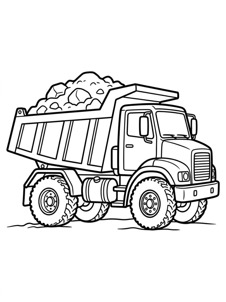 Kleurplaat van een kipwagen met bak vol rotsen