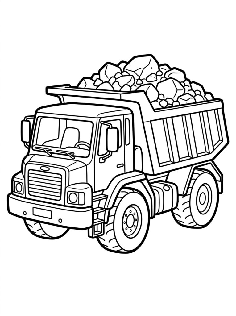 Kleurplaat van een kiepwagen met cabine en bak gevuld met stenen