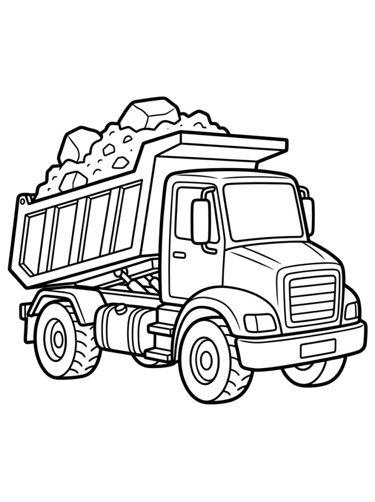 Kleurplaat van een dumptruck met opgeheven bak vol rotsblokken