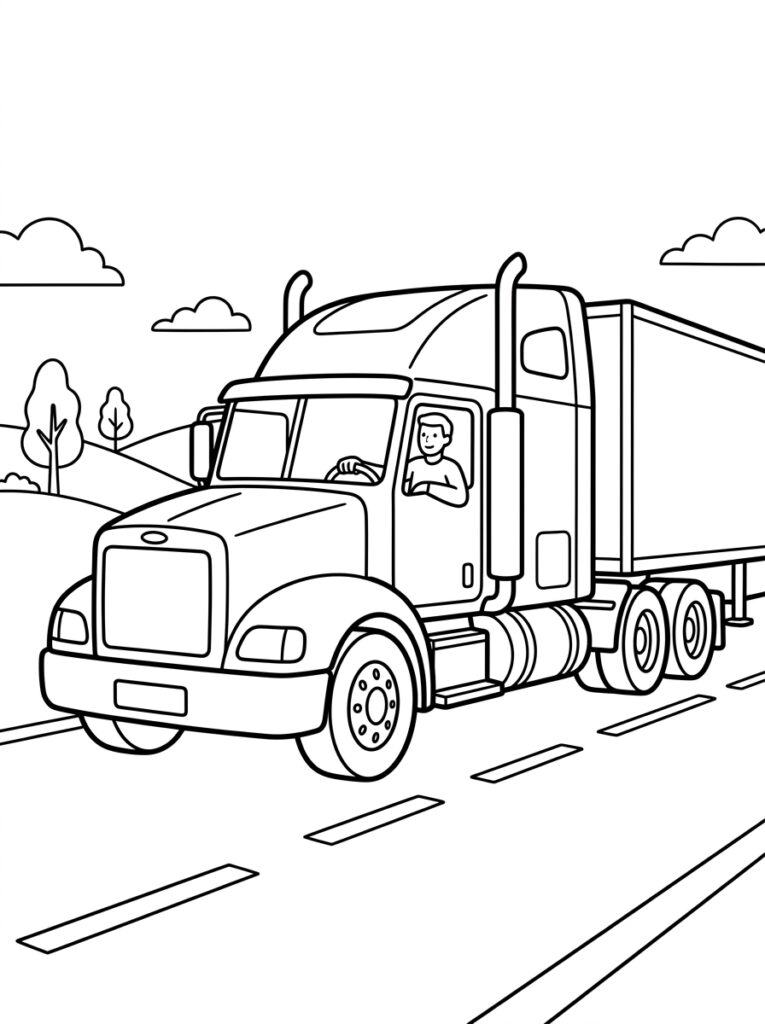 Kleurplaat van een vrachtwagen met chauffeur achter het stuur op een weg met heuvels