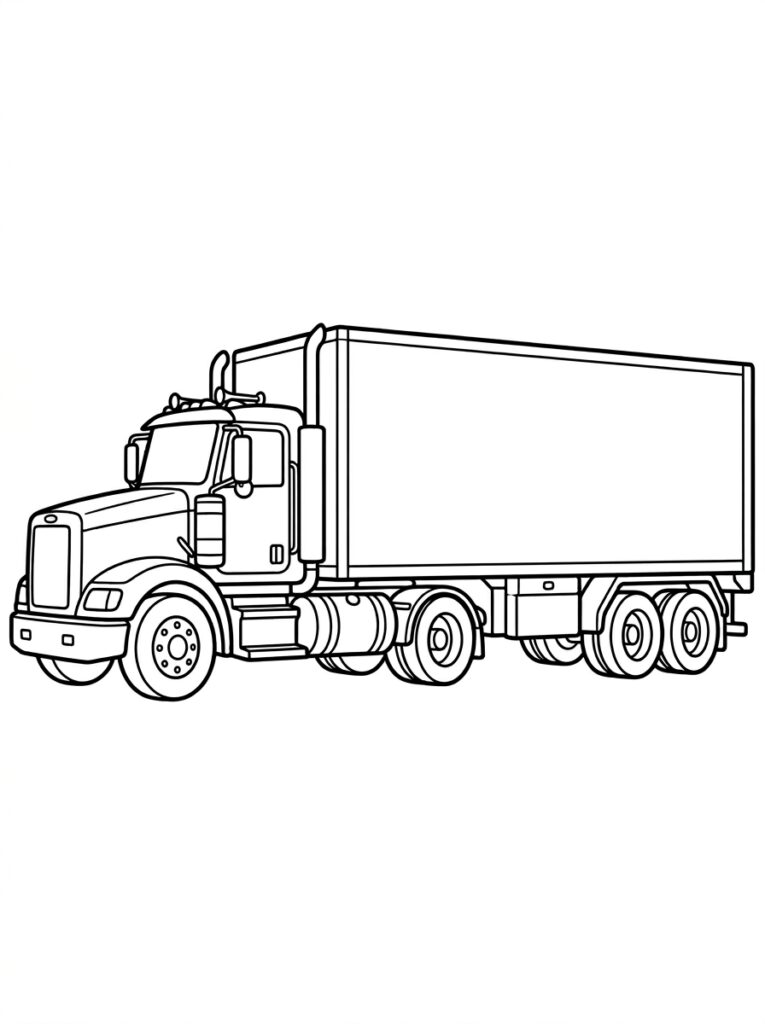 Kleurplaat van een vrachtwagen met oplegger in zijaanzicht