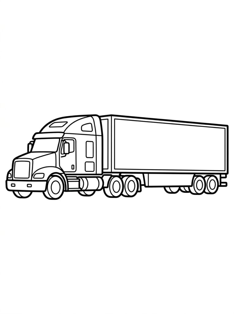 Kleurplaat van een vrachtwagen met hoge cabine en lange oplegger