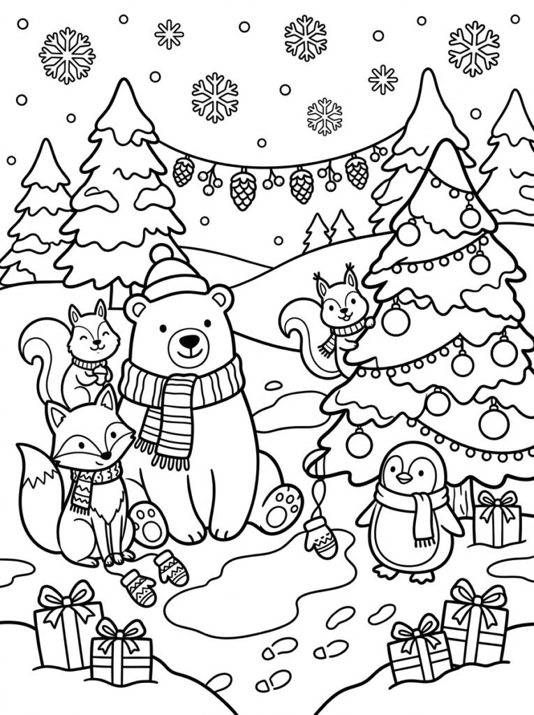 Beer vos eekhoorn en pinguïn bij kerstbomen en cadeaus