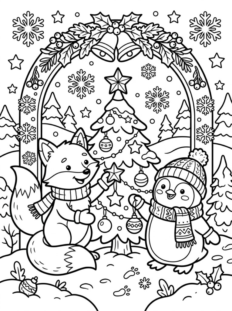 Vos en pinguïn bij versierde kerstboom met hulstboog