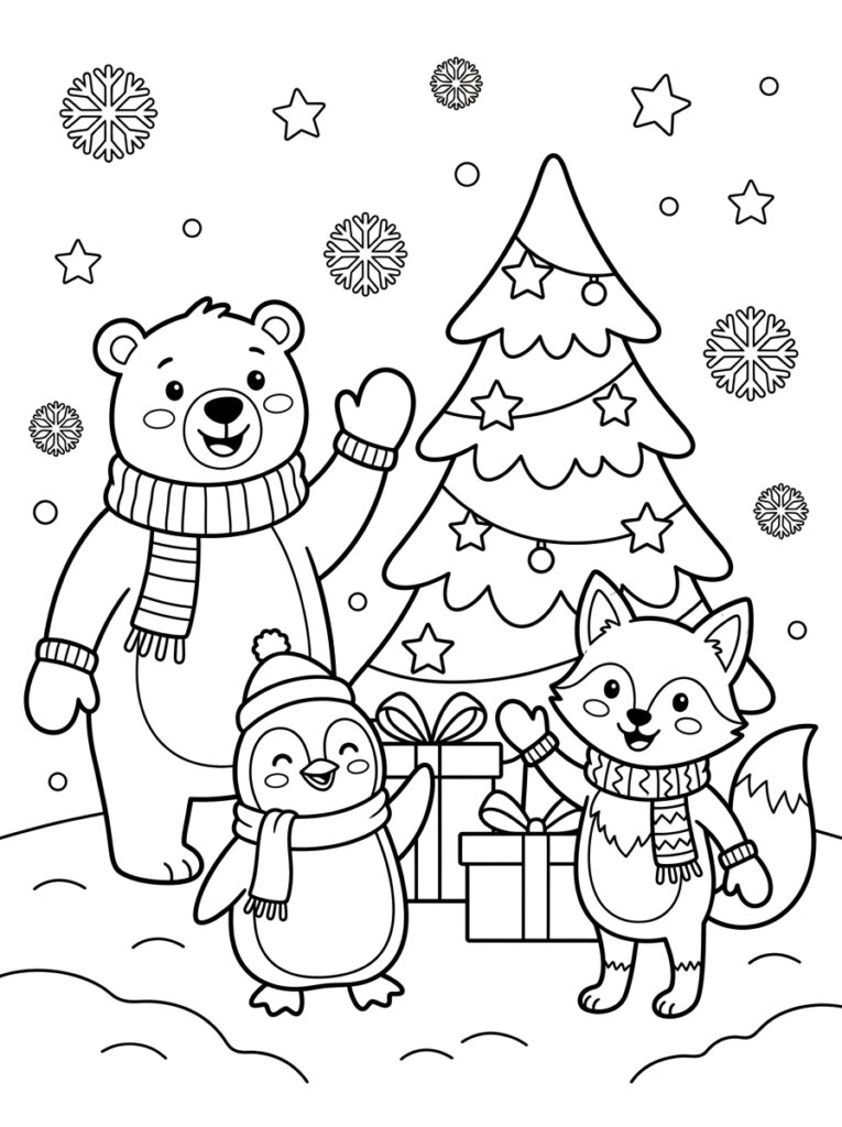 Beer, pinguïn en vos bij kerstboom met cadeaus