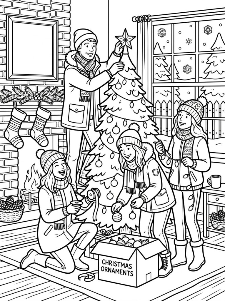 Man zet ster op kerstboom met gezin