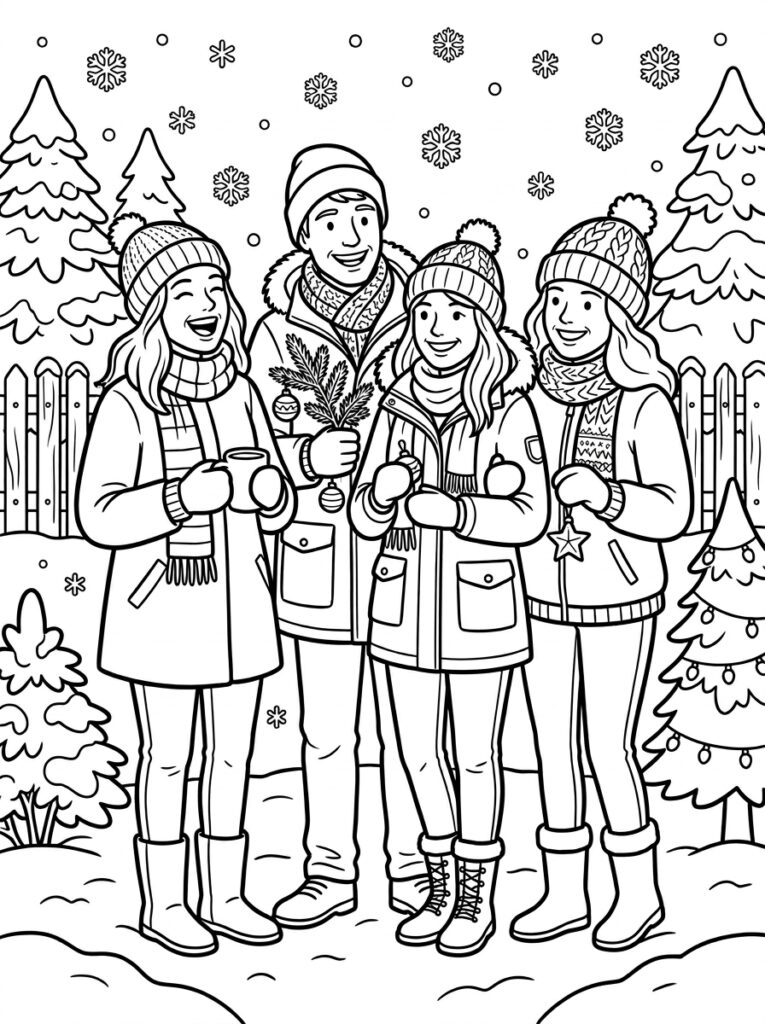 Vier mensen in winterkleding met mokken