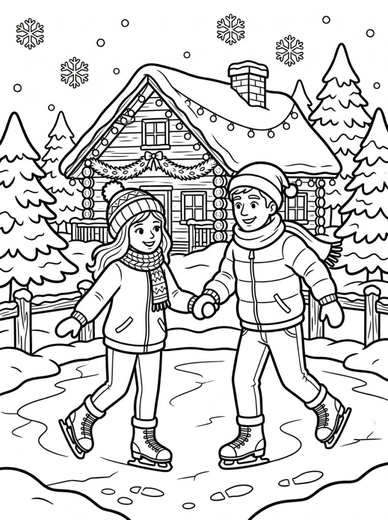 Man en vrouw schaatsen voor blokhut