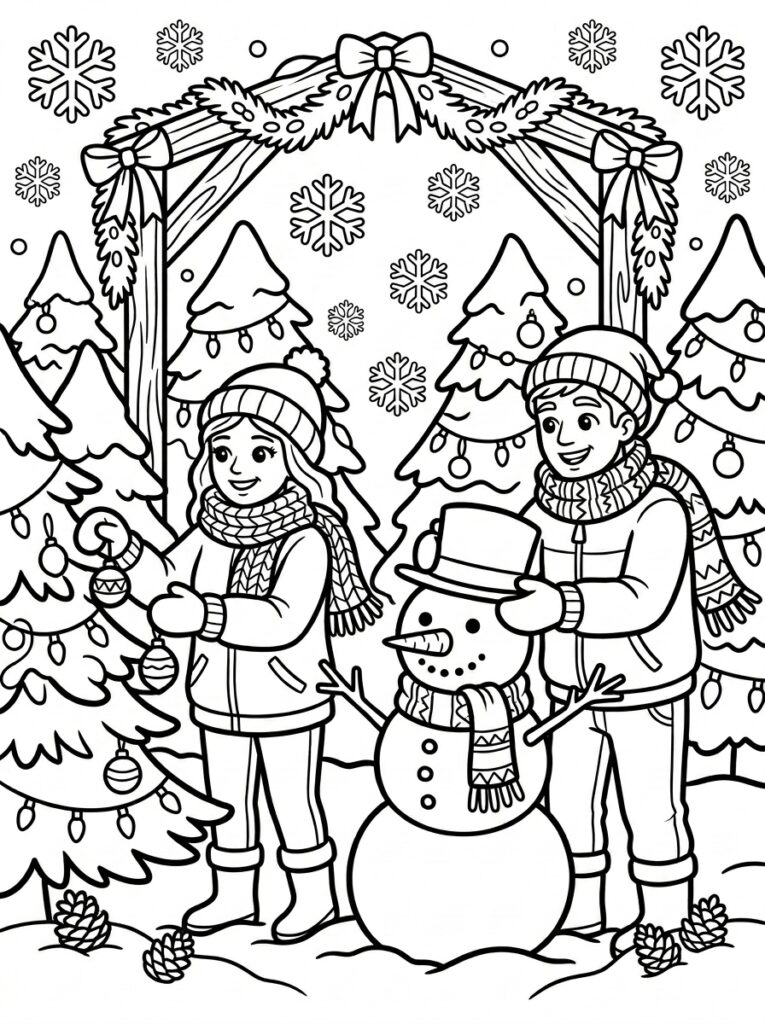 Paar met sneeuwpop bij kerstboom