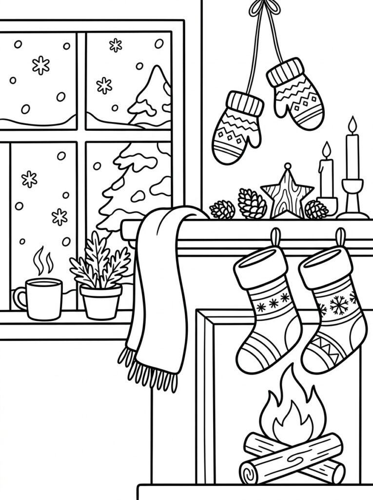 Brandende haard met kerstsokken en kaarsen