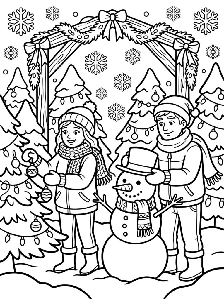 Paar bij sneeuwpop onder kerstboog