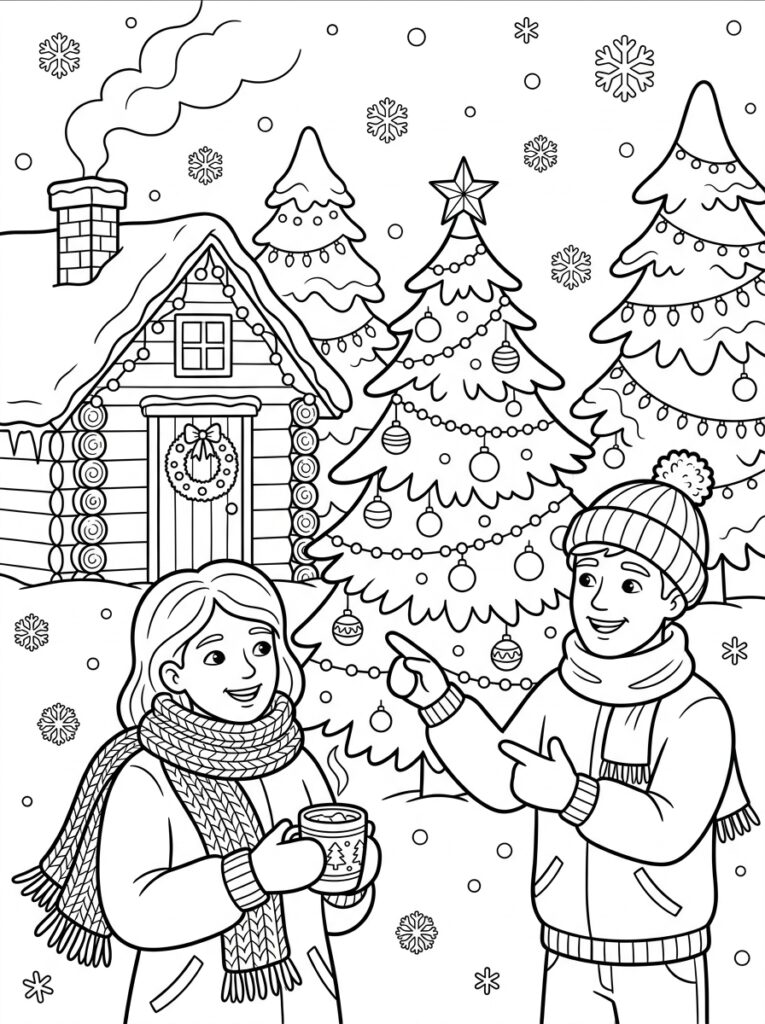 Paar bij kerstboom voor houten huis