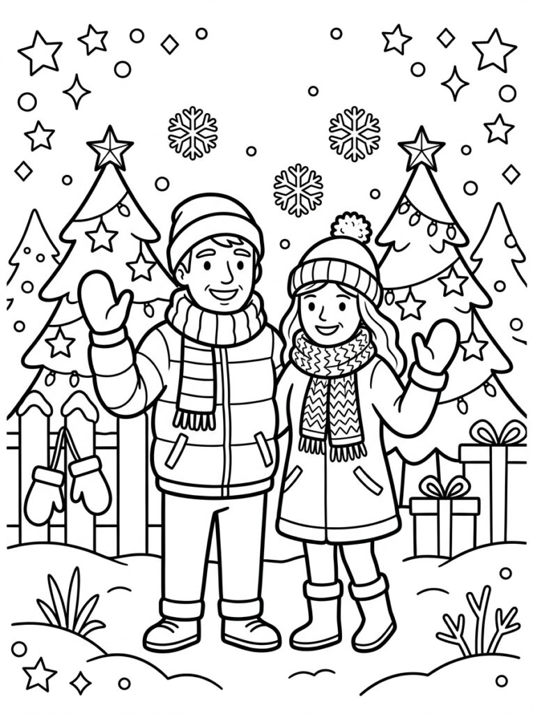 Man en vrouw zwaaien bij kerstbomen