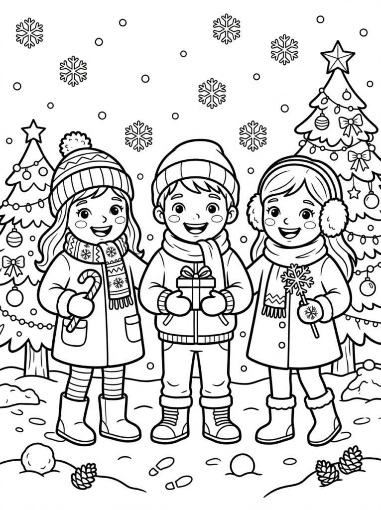 Drie kinderen met cadeau suikerstok en sneeuwvlok