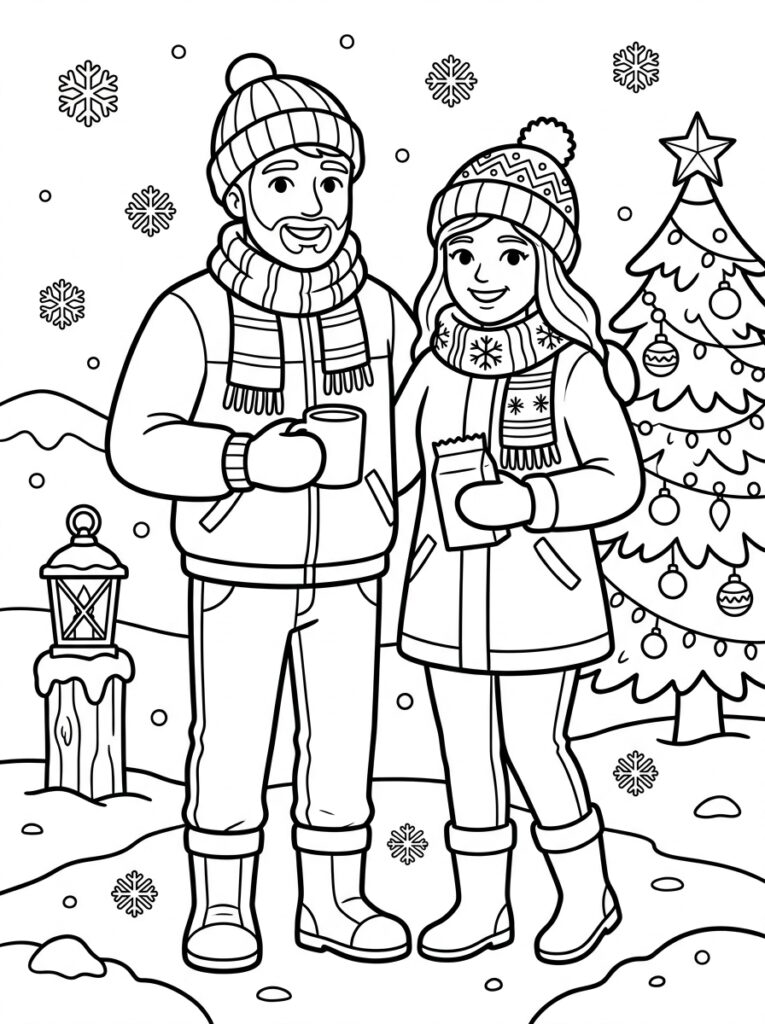 Man en vrouw staan bij lantaarn en kerstboom