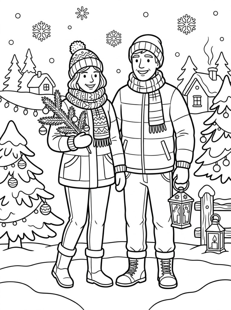 Vrouw met kersttak en man met lantaarn in sneeuw