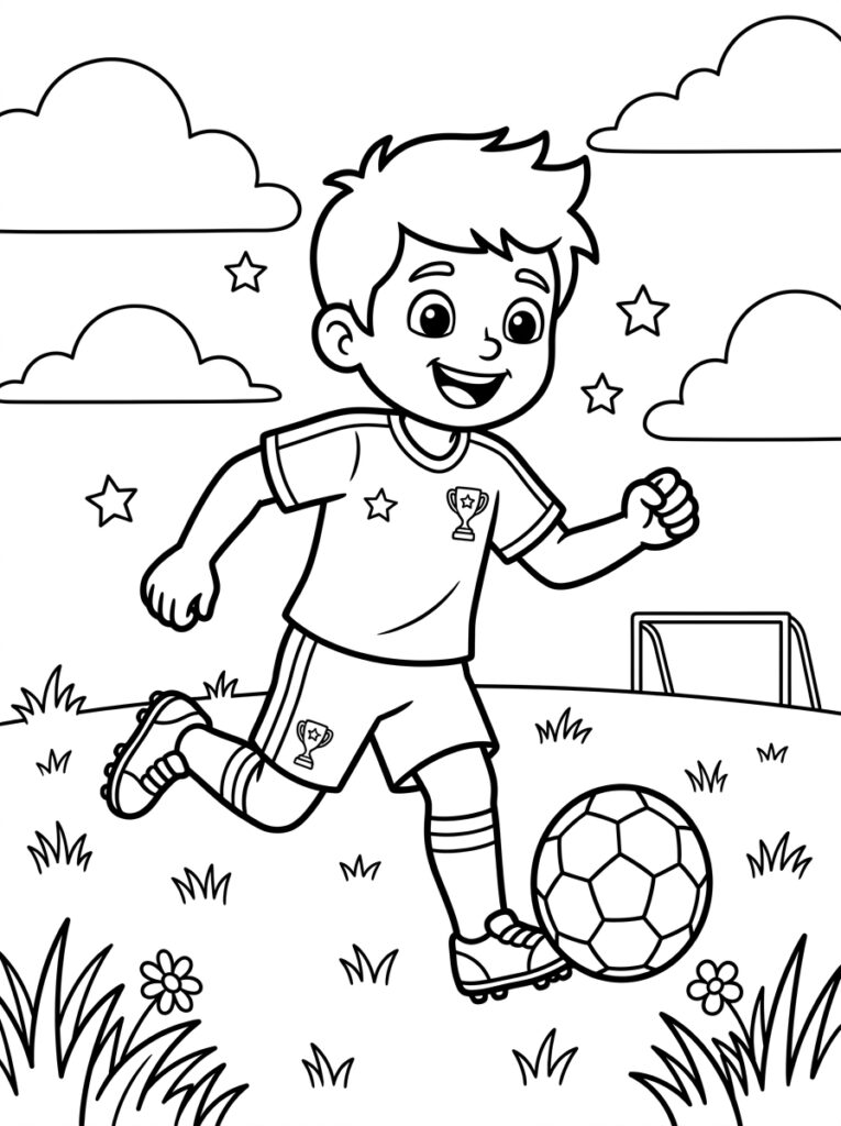 Jongen rent met voetbal over grasveld met wolken