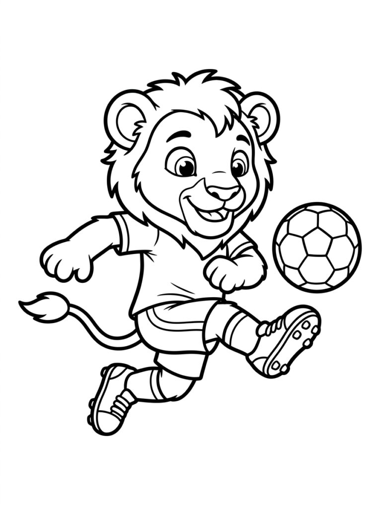 Leeuw schopt naar voetbal in sporttenue