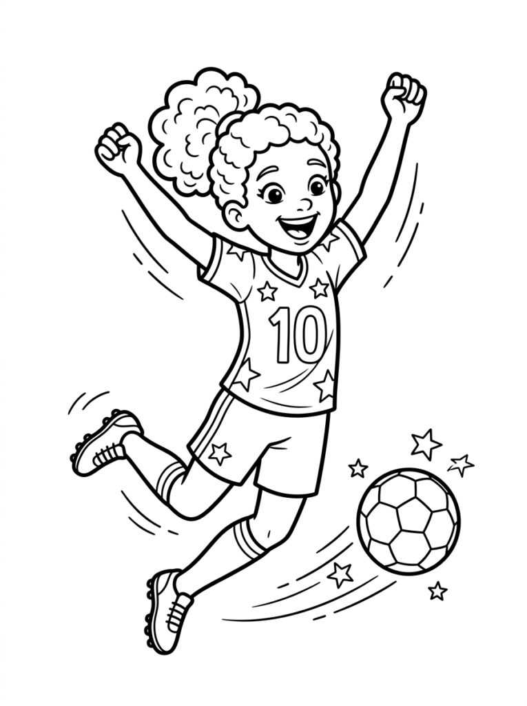 Meisje springt met armen omhoog naast voetbal