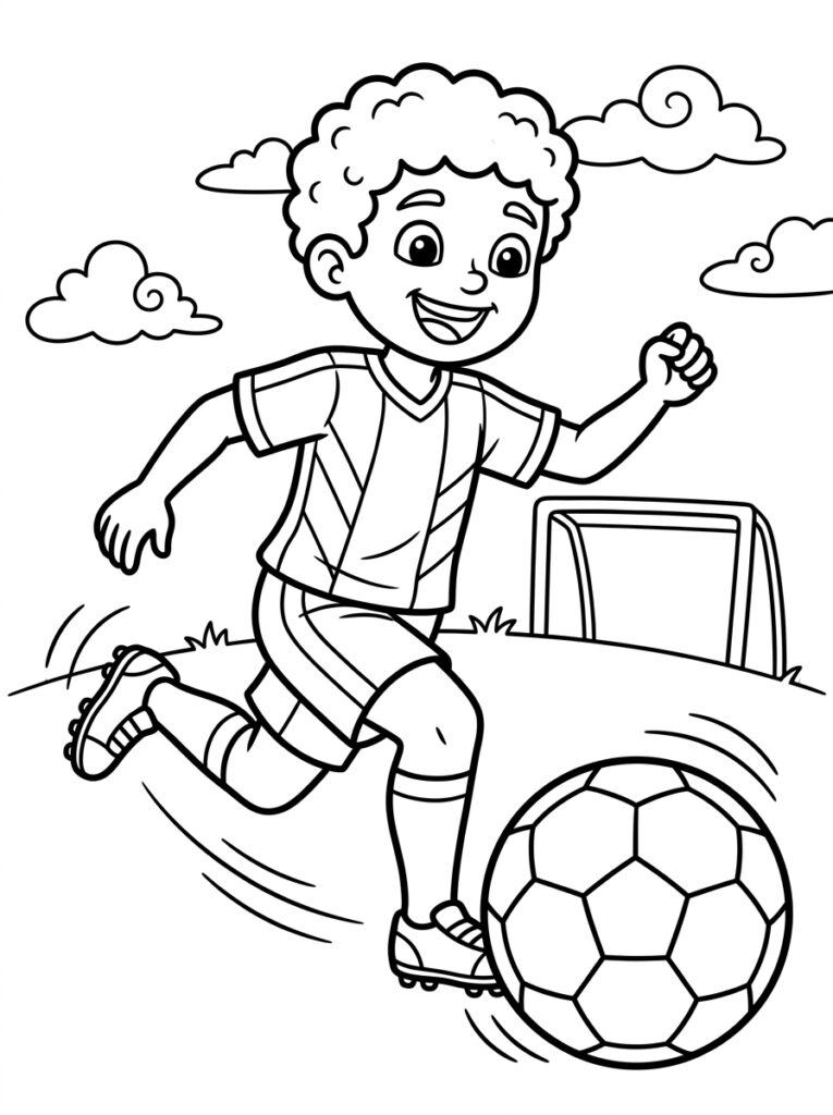 Jongen dribbelt met voetbal voor het doel