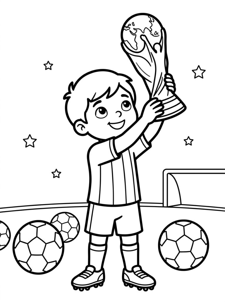 Jongen houdt trofee omhoog bij voetbaldoel