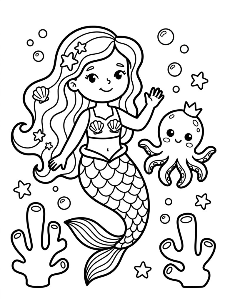 Zeemeermin zwaait naar octopus met kroon