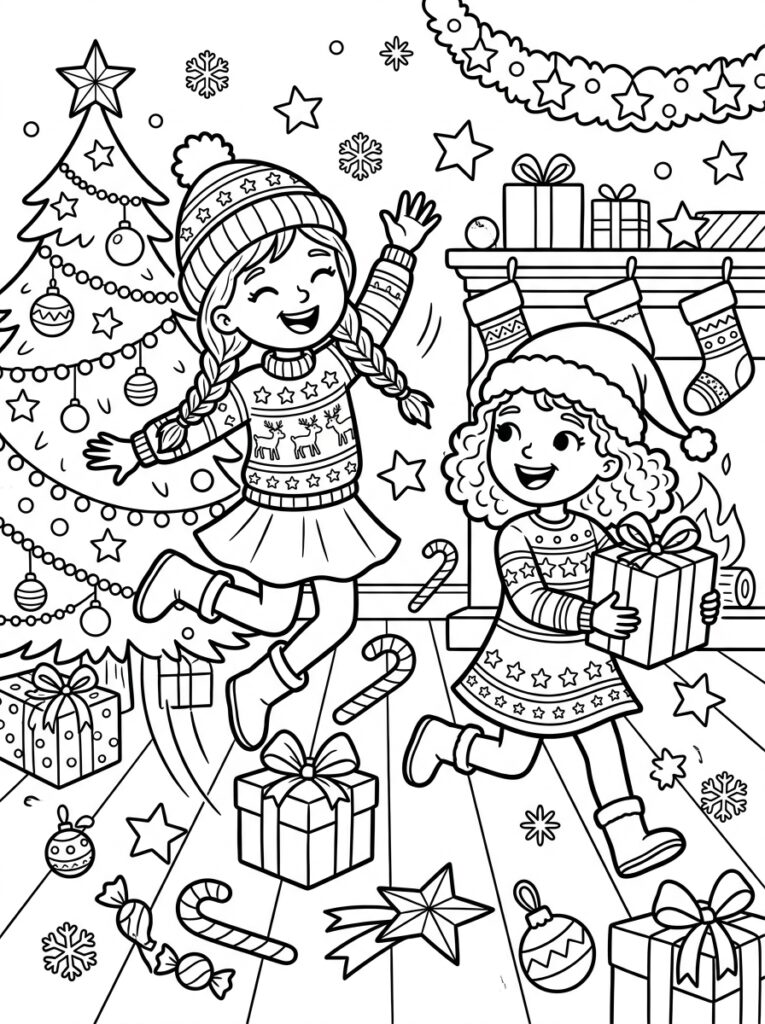 Zoete Zusjes springen bij kerstboom en haard