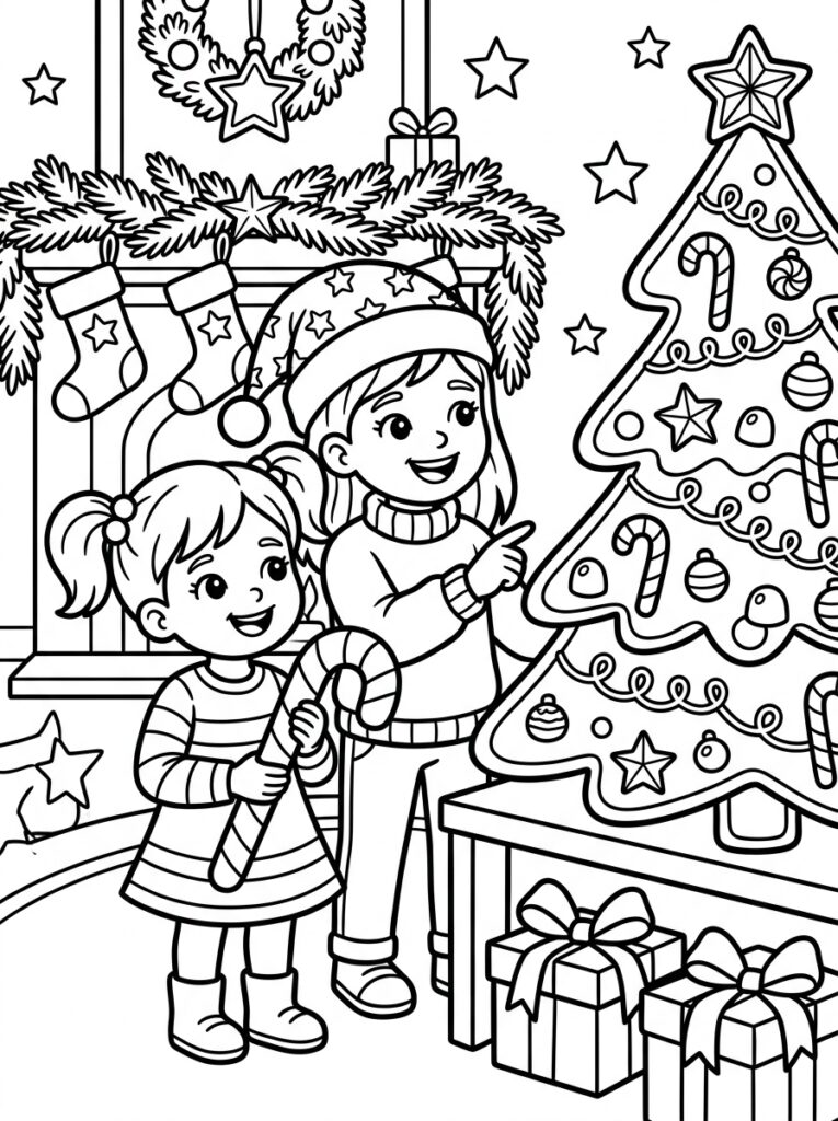 Zoete Zusjes met suikerstok bij kerstboom en haard