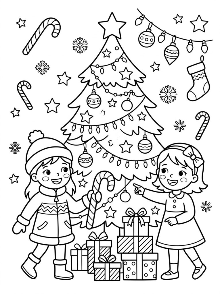 Zoete Zusjes met suikerstok bij kerstboom en cadeaus