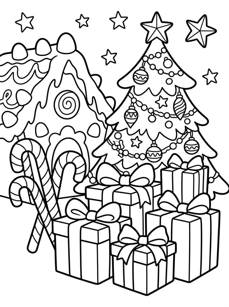 Peperkoekhuis naast kerstboom met stapel cadeaus
