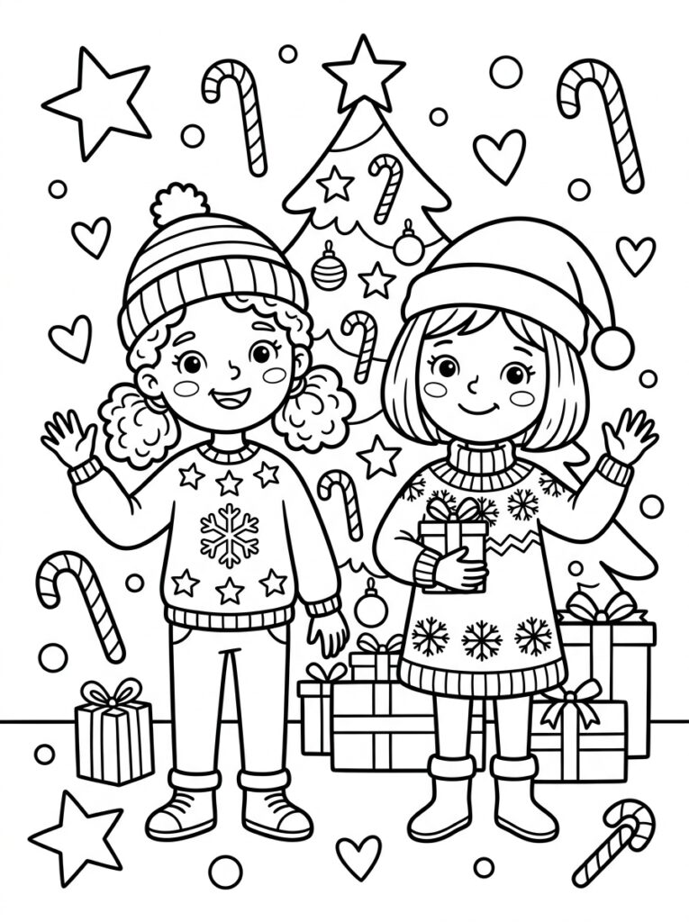 Zoete Zusjes in kersttruien bij boom en cadeaus