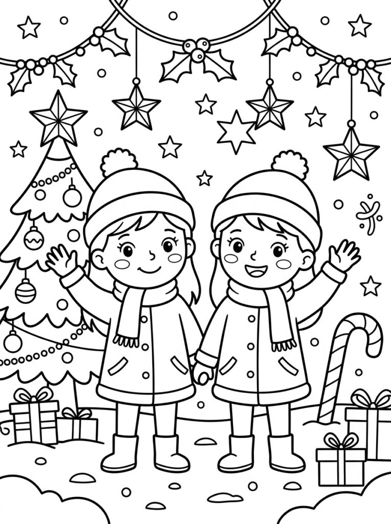 Zoete Zusjes in jassen bij kerstboom en sterren