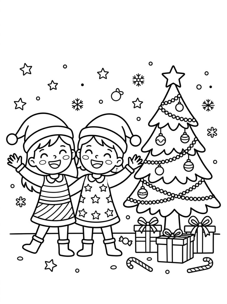 Zoete Zusjes in kerstmutsen bij boom en cadeaus