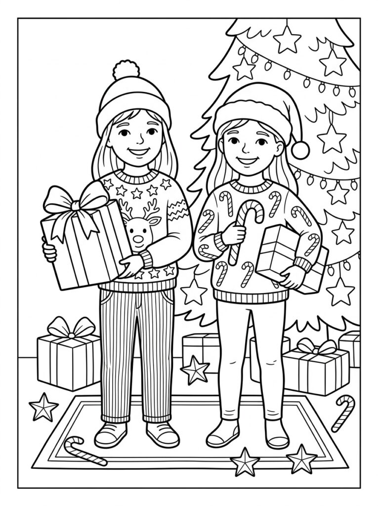 Zoete Zusjes in kersttruien met cadeaus bij boom