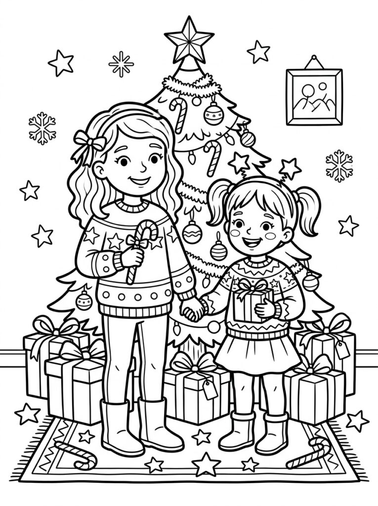 Zoete Zusjes met suikerstok bij kerstboom met cadeaus