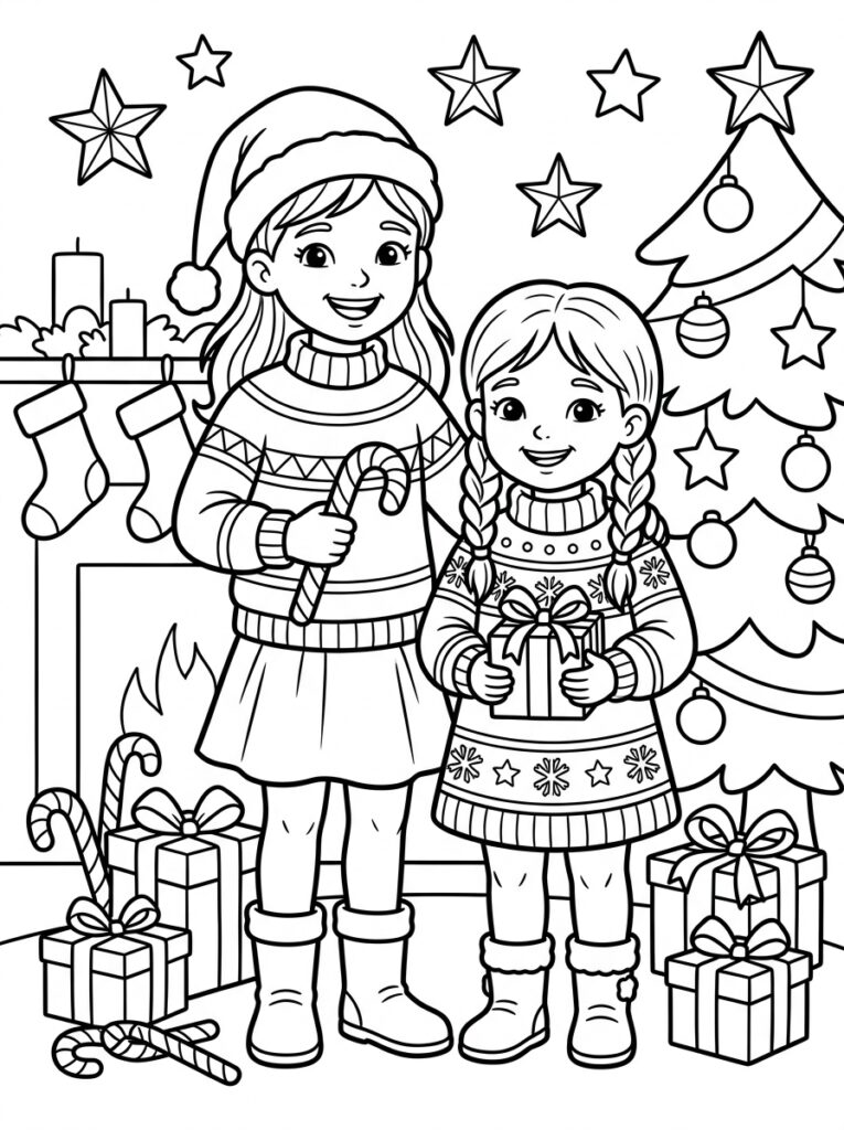 Zoete Zusjes bij open haard en kerstboom met cadeaus