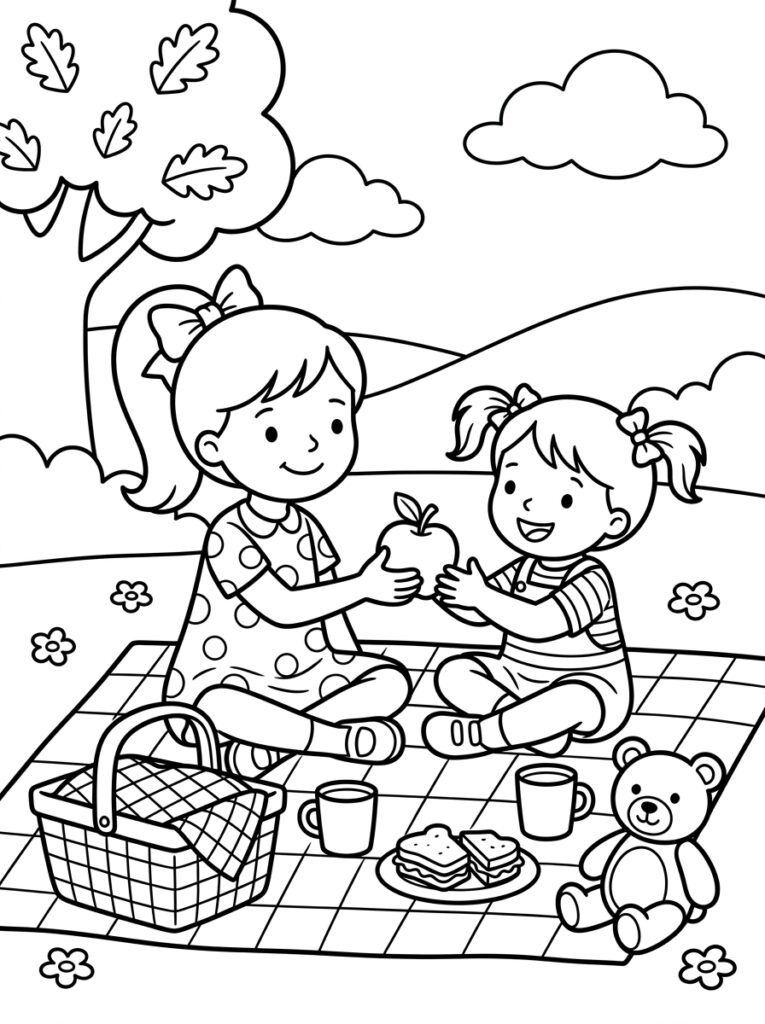 Zoete Zusjes picknicken met appel en teddybeer