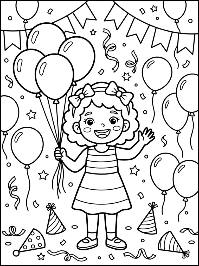 Zoete Zusje houdt ballonnen vast op feest met slingers