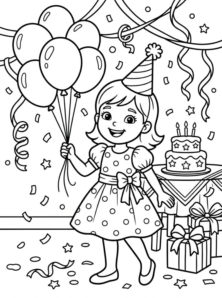 Zoete Zusje in feestmuts naast verjaardagstaart met ballonnen