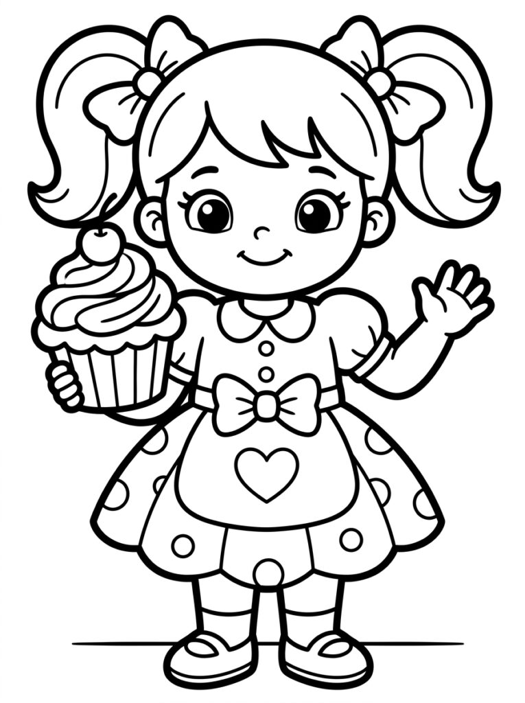 Zoete Zusje houdt cupcake vast en zwaait