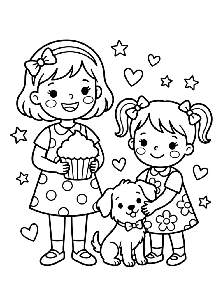 Zoete zusjes met cupcake hond sterren en hartjes