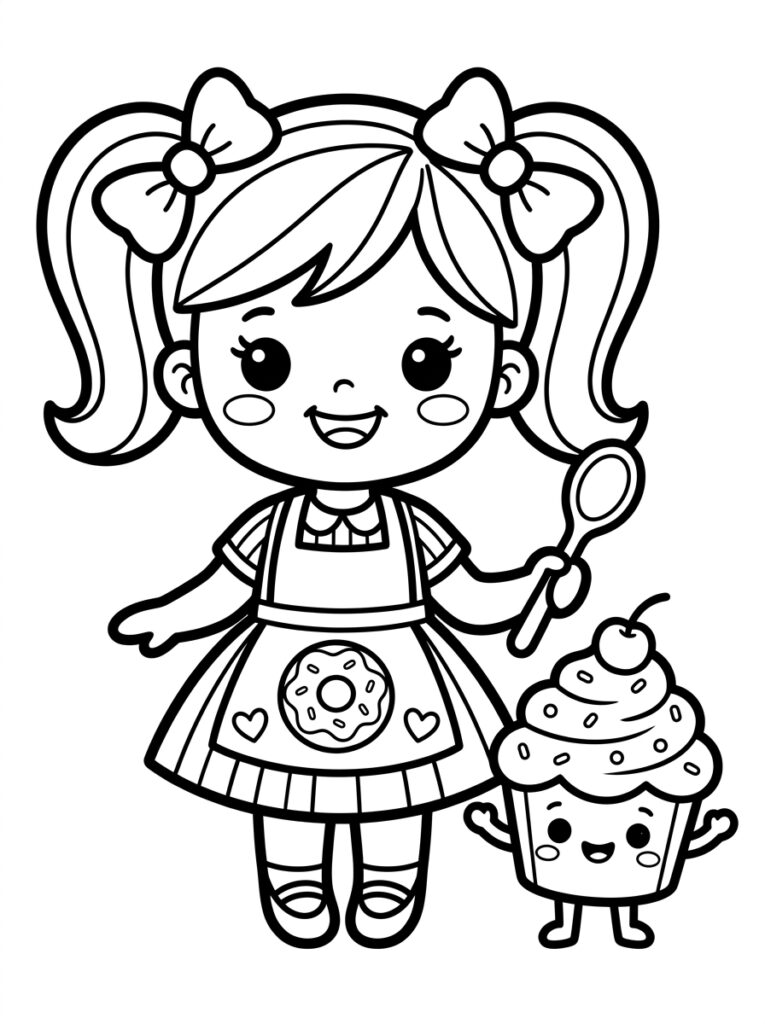 Zoete zusje met schort en lepel bij cupcake