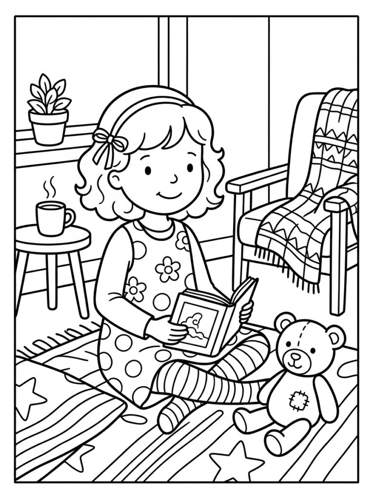 Zoete zusje leest boek op kleed naast teddybeer