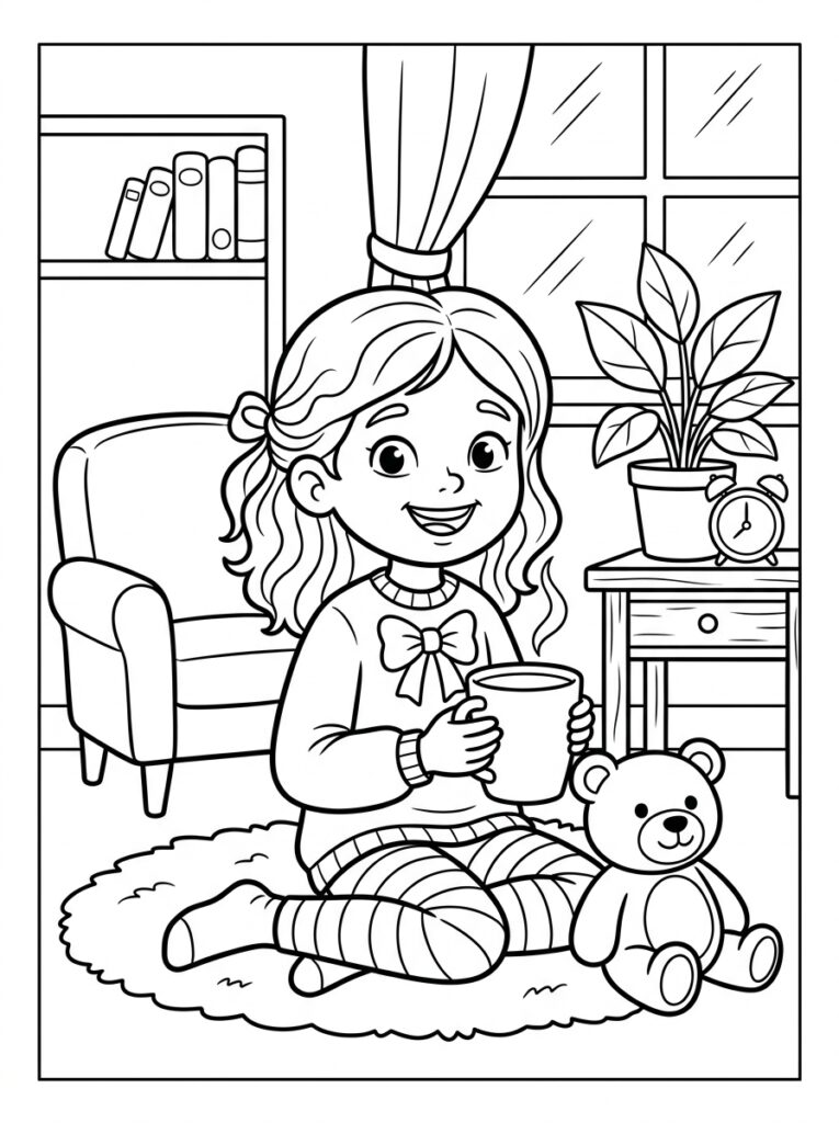Zoete zusje met mok en teddybeer op kleed