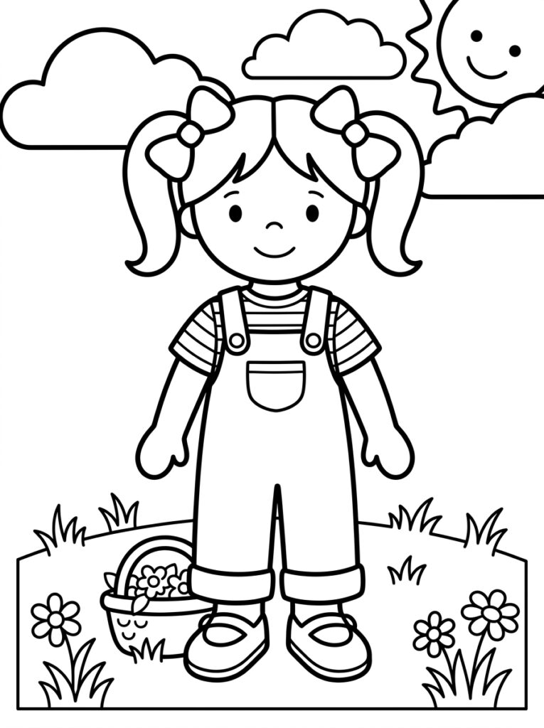 Zoete Zusje in overall naast bloemenmand en zon