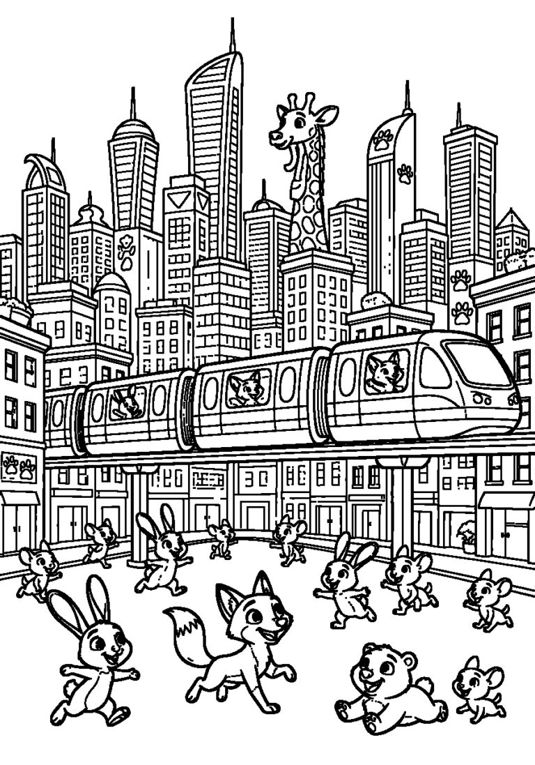 Kleurplaat van een brede skyline van een dierenstad met trein, hoge gebouwen en kleine dieren op straat
