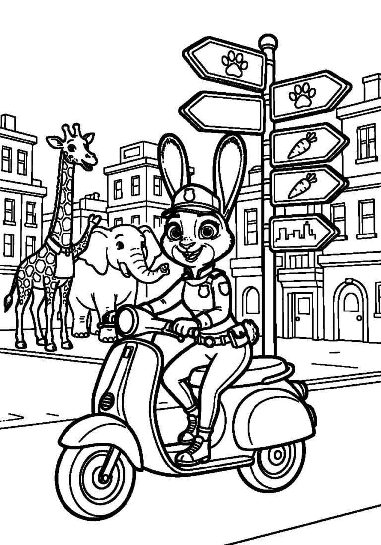 Kleurplaat van een konijnenagent op een scooter die aanwijzingen volgt door de stad